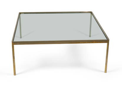 Kibrel S. Terry for Scope by American International, square nickel low table: American International Style (circa 1960) square polished nickel coffee / cocktail table frame with an inset glass top. (KIBREL S. TERRY FOR SCOPE)Dimensions: 42"w x 42"d x 16.5"h