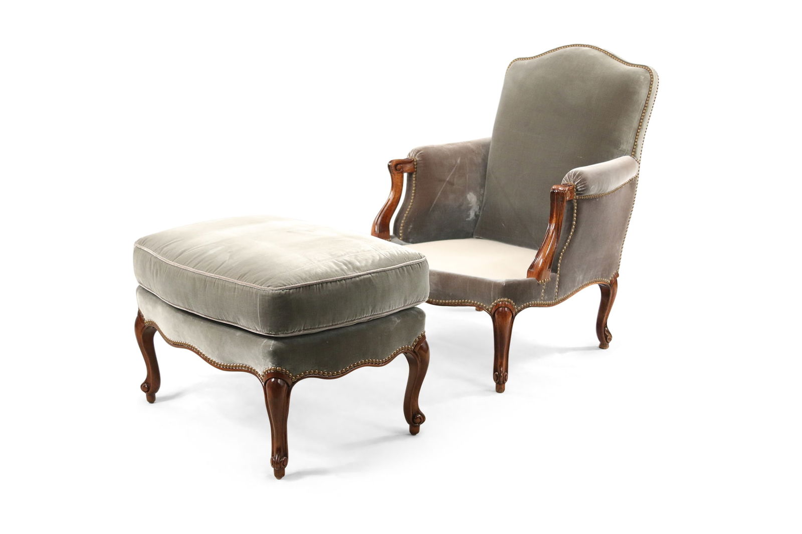 Pair of Louis XV Style Blue Velvet and Oak Armchairs and Ottoman (1 of 10)