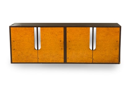 Pace Collection, Burlwood black lacquer and Chrome credenza