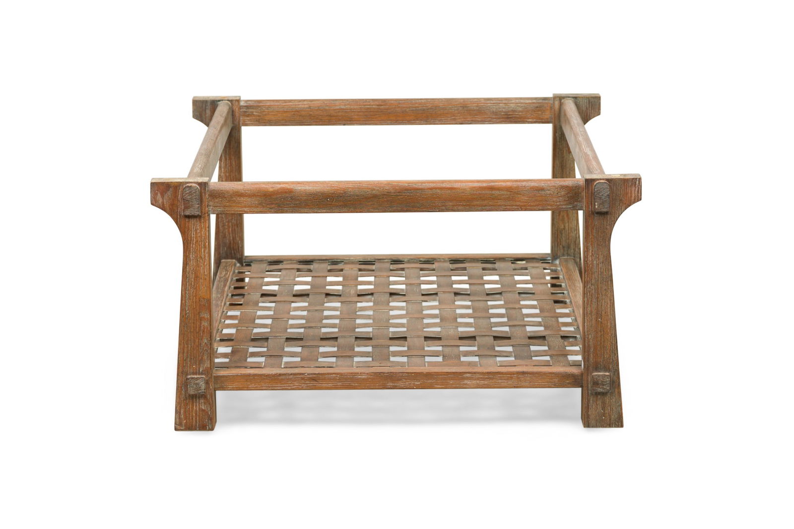 Jamie Herzlinger Contemporary American Cerused Wood and Caned Low Coffee Table Frame: Contemporary American square form cerused wood table frame with distinctly shaped legs tapering toward the top and a caned lower shelf. (NO GLASS TOP (JAMIE HERZLINGER)Dimensions: 34"w x 33.25"d x 17.