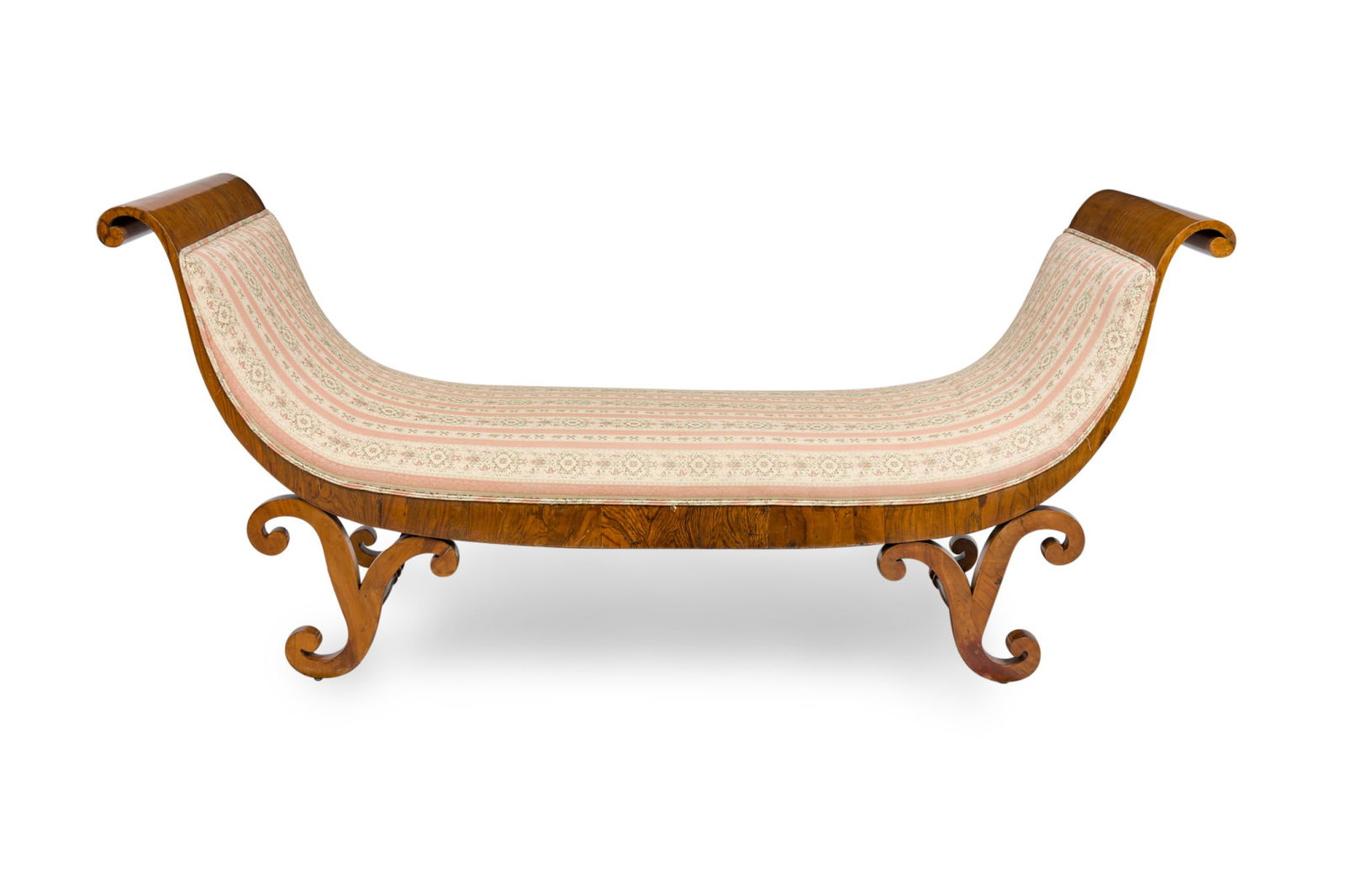 Biedermeier style Walnut Veneer Pink and Pale Green Damask Upholstered Chaise (1 of 10)