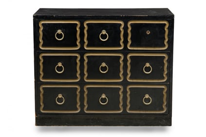 Dorothy Draper (attrib), black painted gilt accented 3-drawer chest