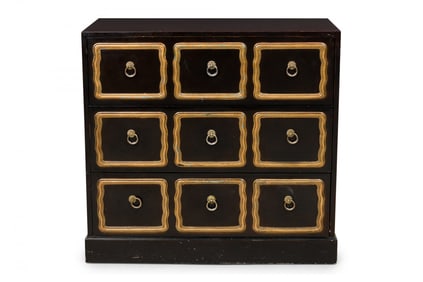 Dorothy Draper (attrib), 3-drawer black and gilt chest
