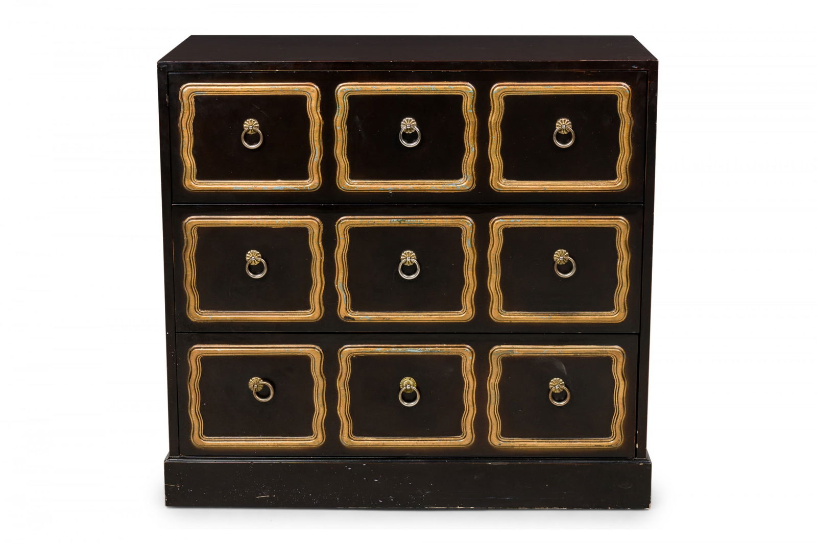 Dorothy Draper (attrib), 3-drawer black and gilt chest (1 of 10)
