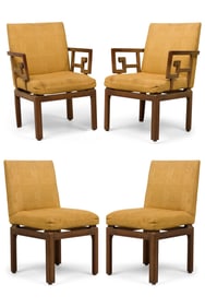 (4) Michael Taylor for Baker Furniture, Modern Mahogany gold upholstered dining armchairs