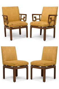 (4) Michael Taylor for Baker Furniture, Modern Mahogany gold upholstered dining armchairs: SET of 4 Mid-Century American Modern (1950s) Far East mahogany dining chairs (2 armchairs, 2 side chairs) featuring slightly splayed keyfret arms, the back and seat upholstered in a square-patterned t