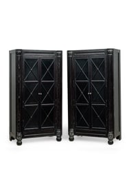 Pair of American Empire-Style Black Cerused Glass Front Cabinets