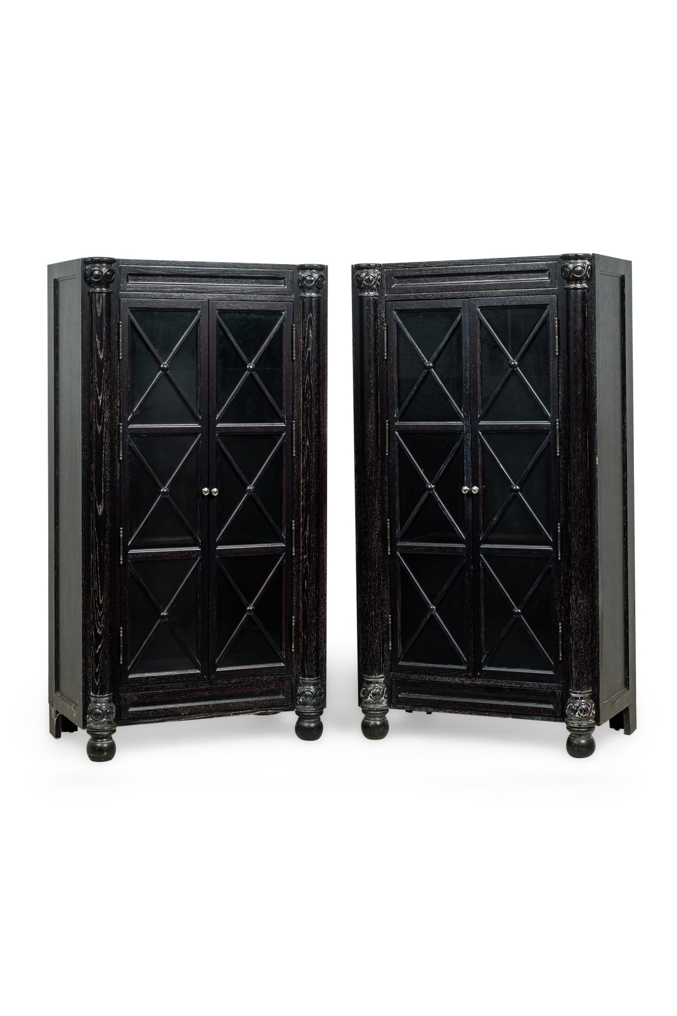 Pair of American Empire-Style Black Cerused Glass Front Cabinets (1 of 15)