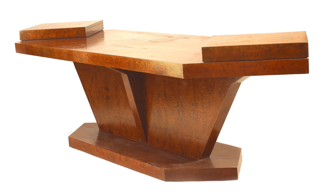 Carlo De Carli (attrib), burl birch conference table: Italian 1940s burl birch rectangular conference table with an angular pedestal and base with 2 raised drawers on either end (Attributed to Carlo De Carli, Renato Angeli, & Luigi Olivieri)Dimensions: 1