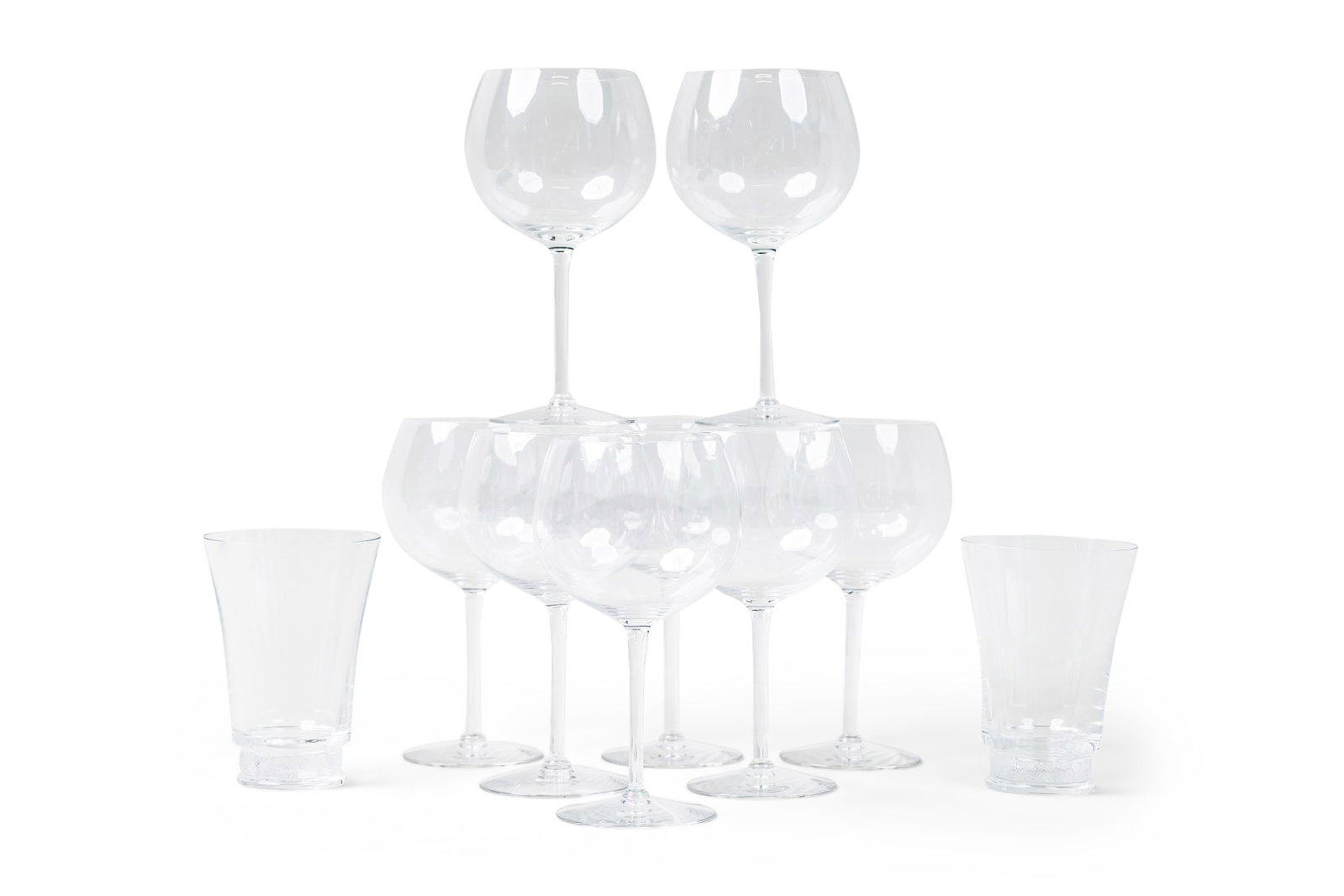 (8) Tiffany Wine Glasses & (2) Lalique Tumblers: 20th c., USA/France, thin crystal Tiffany Bordeaux glasses, 7.75"h x 3.5"dia, and Art Deco style engraved Lalique crystal tumblers, 5"h x 3.75"dia, marked
