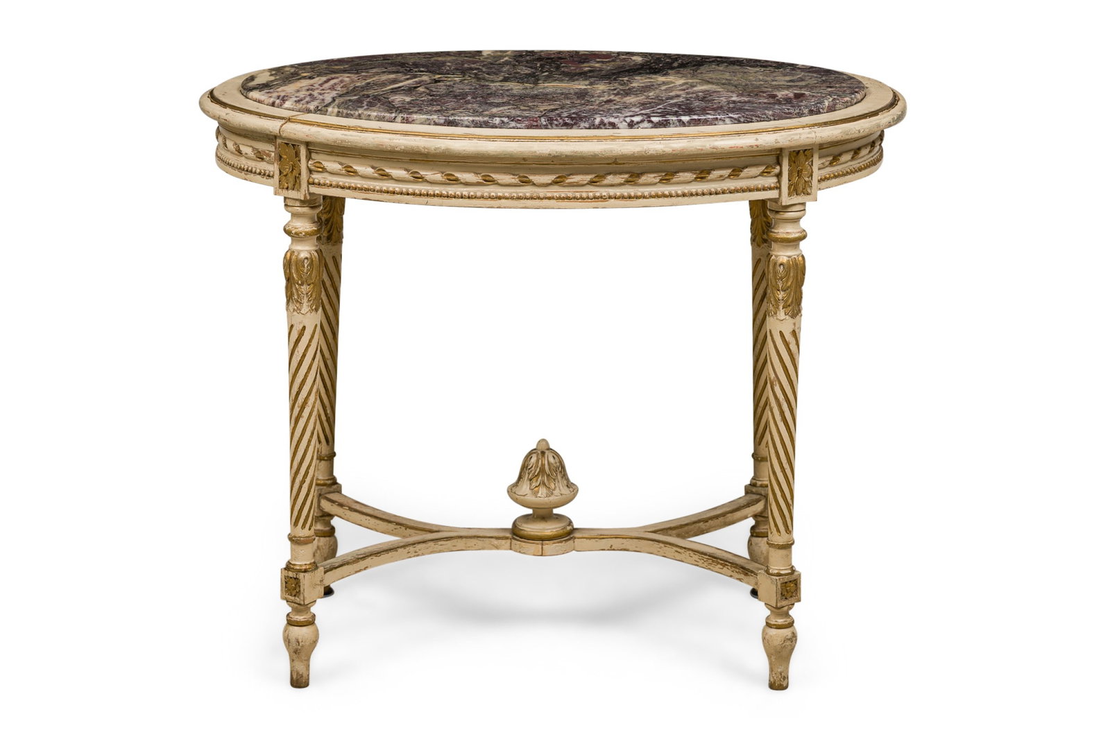 Louis XVI Style Cream And Gilt Side Table: 20th c., France, the inset oval violet breche marble, over ribbon twist carved frieze, bead banding, raised on round tapering legs joined by curved stretchers, 31"h x 38"l x 23"w