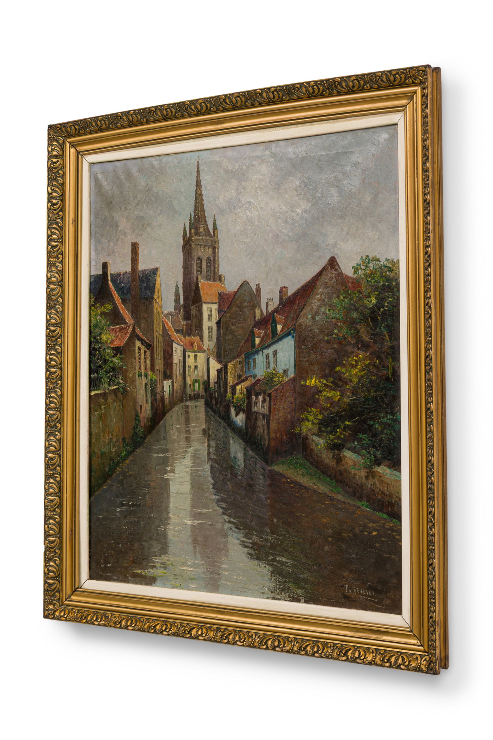 Frans Van Genesen, Oil On Canvas: Frans van Genesen (French, 1887-1945), Canal Landscape, signed lower right, 32"h x 28"w (stretchers), 34"h x 31"w (frame)