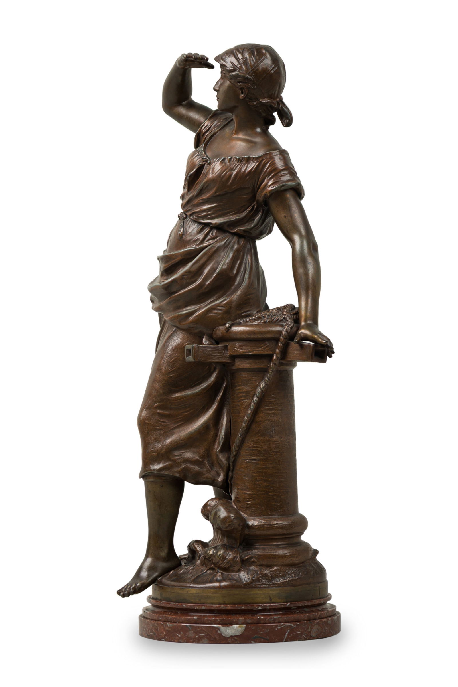 Auguste Moreau (After), Cast Sculpture: After Auguste Moreau (French,1834-1917), Woman Watching the Sea, copper tone patina (possibly bronze), cast signed on base, on tiered red marble base, 26"h