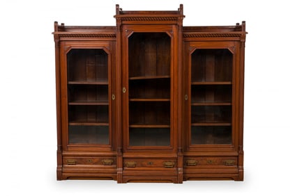 American Victorian Wood 3-Cabinet Bookcase with Hinged Glass Doors