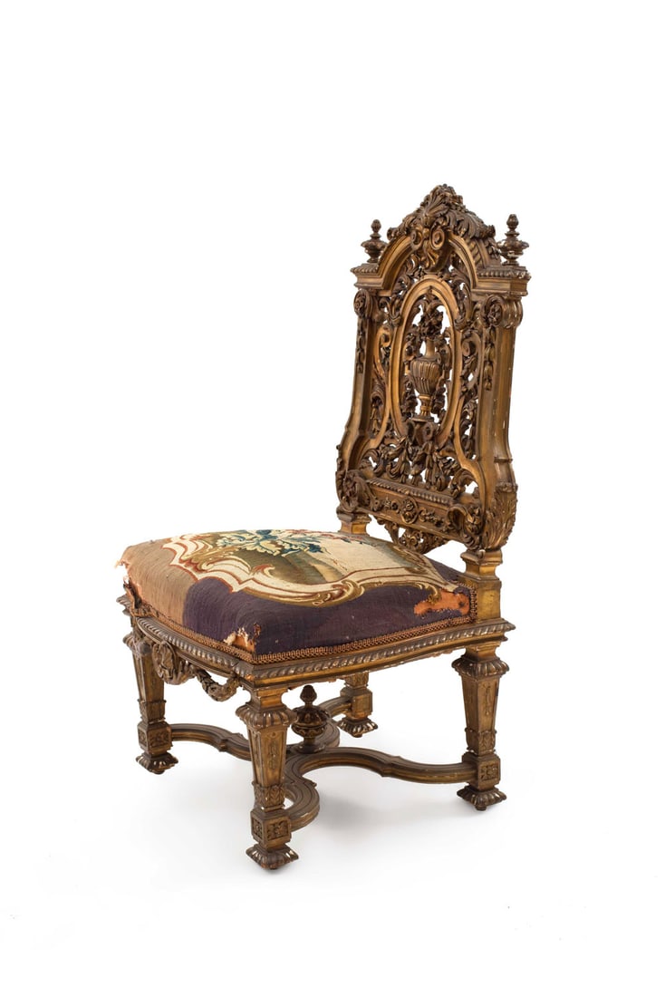 French Louis XIV Tapestry Side Chairs: 4 French Louis XIV-style (19th C.) gilt side chairs with filigree carved backs and tapestry upholstered seat. Chairs have some rips.Dimensions: 24.5"w x 21.75"d x 45"h, 18"sh