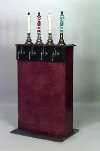 English Victorian Beer Pub Engine: English Victorian beer pub engine with 4 porcelain and brass handles (2 white, 1 red, 1 green) (A. Reynolds & Co., Leeds)Dimensions: 28"w x 14"d x 58"h