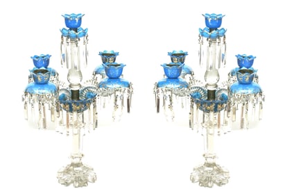 Pair Baccarat style crystal and opaline candelabras