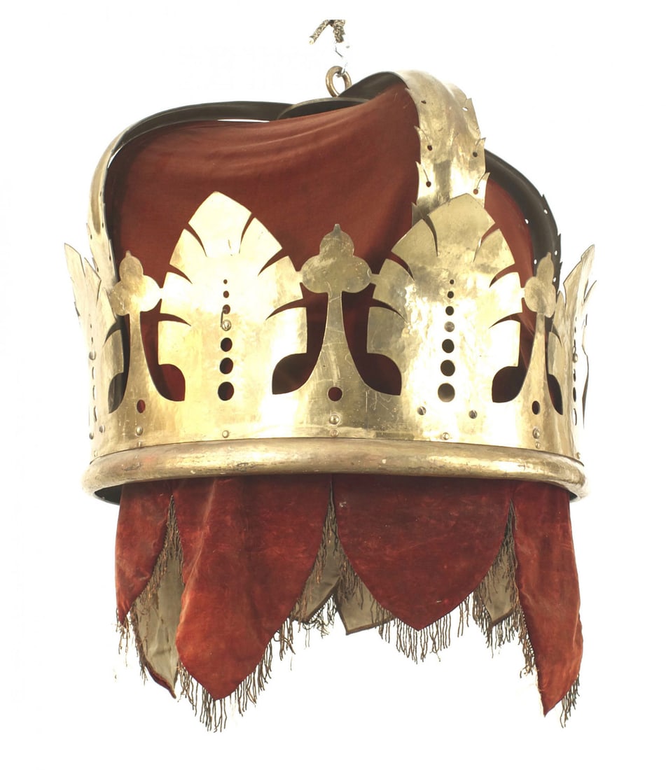 English Victorian Red Velvet and Brass Crown Chandelier: English Victorian-style (20th Century) brass crown shaped chandelier with club and spade design and red velvet upholstery.Dimensions: 32"w x 32"d x 27"h, 32"dia