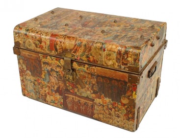 English Victorian Decoupage Tole Trunk