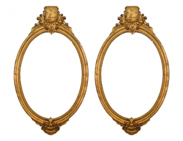 Pair of Italian Rococo Style Oval Pediment Top Giltwood Wall Mirrors