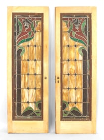 Pair of French Art Nouveau Wood and Glass Doors