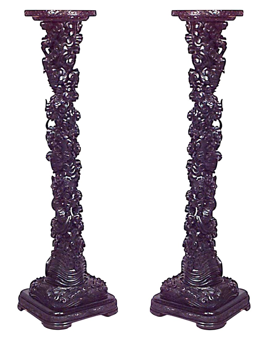 Pair of Chinese Ebonized Dragon Carved Pedestals (1 of 9)