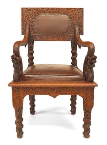 Burmese Carved Oak and Leather Armchair