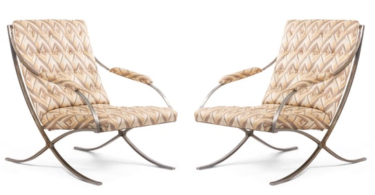 Pair Mies Van Der Rohe style modern arm chairs