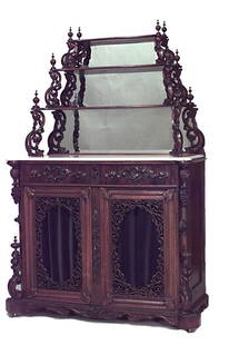 John Henry Belter (attrib), Victorian Style rosewood sideboard cabinet: Victorian-style rosewood sideboard cabinet with 2 filigree carved doors under 1 single drawer and 3 tier upper structure with mirrored backing (Attributed to JOHN HENRY BELTER)Dimensions: 48.5"w x 22"