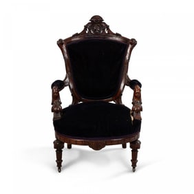 John Jellif & Co (attrib) Victorian Style Eastlake Blue Velvet Arm Chair