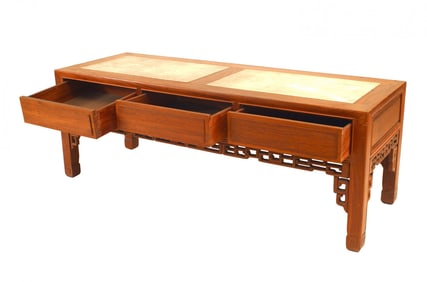 Asian Chinese Style Teak and Marble Coffee Table