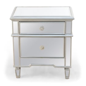 Contemporary Mirror and Silver Wood Two Drawer Bedside Table / Commode