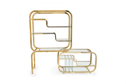 Contemporary Modernist Curved Brass and Glass Etagere / Display Shelf