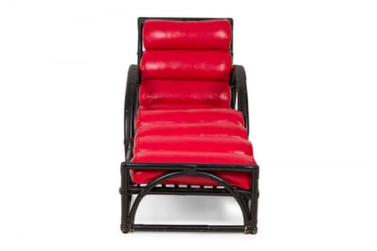Contemporary Black Painted Split Reed, Rattan, and Channeled Red Vinyl Chaise Lounge