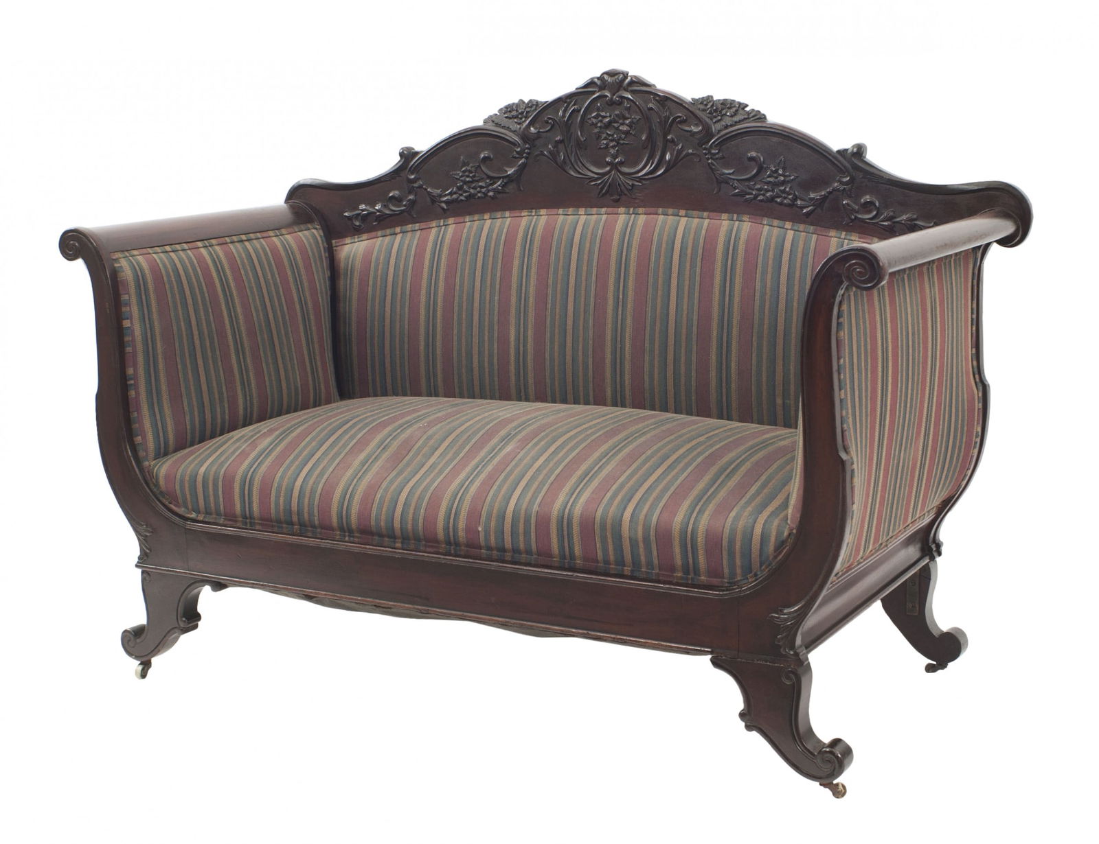 English Victorian Striped Loveseat: English Victorian loveseat with carved detail and blue and red striped upholsteryDimensions: 60"w x 26.5"d x 46"h