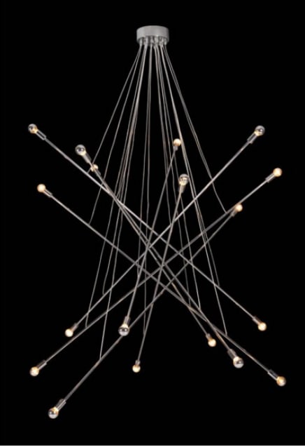 Contemporary Chrome Rod Chandelier: Contemporary chandelier with long chrome arms, suspended in a criss-cross pattern by slim chrome rodsDimensions: 59"w x 59"d x 78.7"h, 59"dia