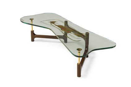 Italian Mid-Century Style Gilted Glass Top Cocktail Table