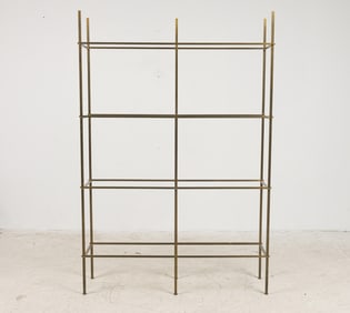 Mid-Century Double Compartment Four Shelf Brass Frame Etagere / Bookshelf