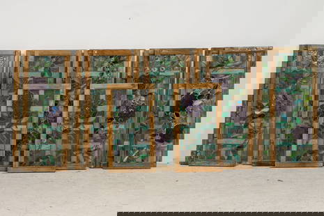Set of 12 English Arts and Crafts Period Stained Glass Panels: Set of 12 English Arts and Crafts Period Stained Glass Panels, with 10 long rectangular sections and 2 shorter rectangular sections, 47"h x 18.25"w x 1.75"d (larger), 34"h x 18.25"w x 1.75"d (smaller)