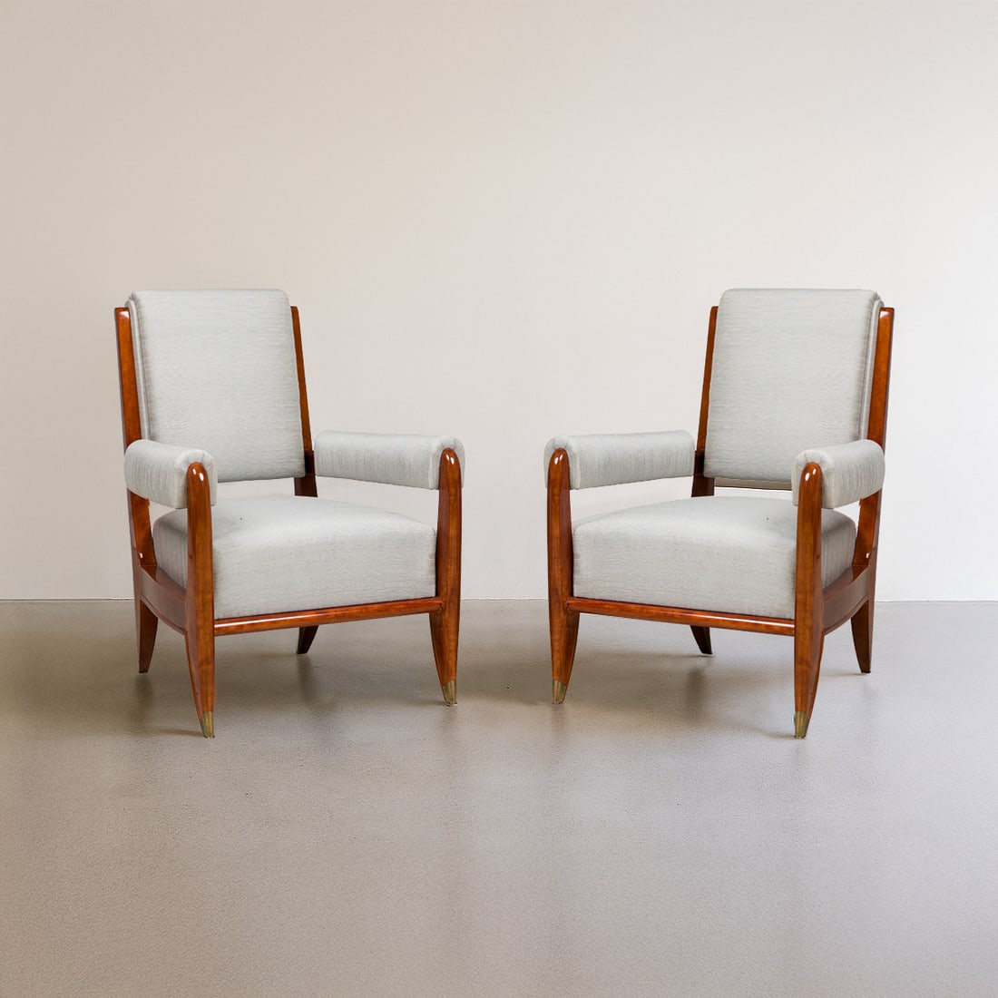 Leon And Maurice Jallot, Pair Fauteuils: 20th c., France, mahogany, bronze sabot, padded back, armrests and seat upholstered in a light blue silk, sourced by Bunny Williams interiors, invoice attributes the design to Maxime Olde, approx 36"h