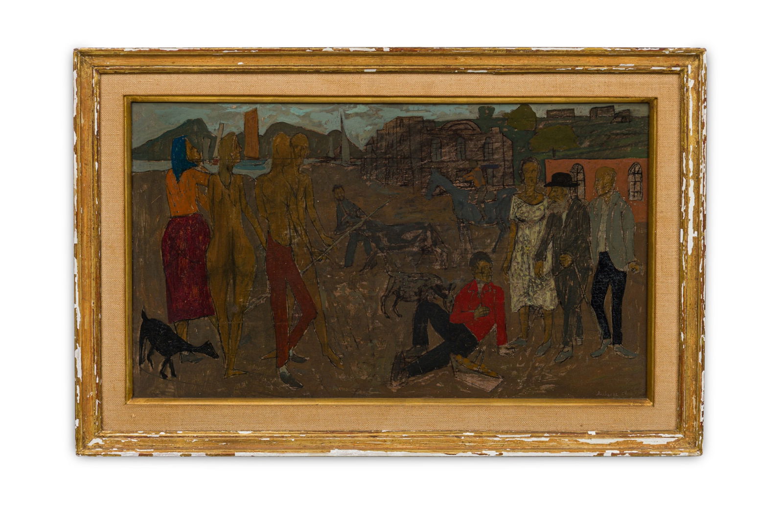 Gregoire Michonze, Oil On Board, 1957: Gregoire Michonze (Russian-French, 1902-1982), Villagers in a Coastal Cityscape, incised "Michonze 57" lower right, 9.25"h x 15.75"w (sight), 12.5"h x 19.25"w (frame) Similar: Andre Derain, Max Ernst,