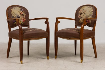 Jules Leleu, Pair French Deco Tapestry Fauteuils, Model No. 2799