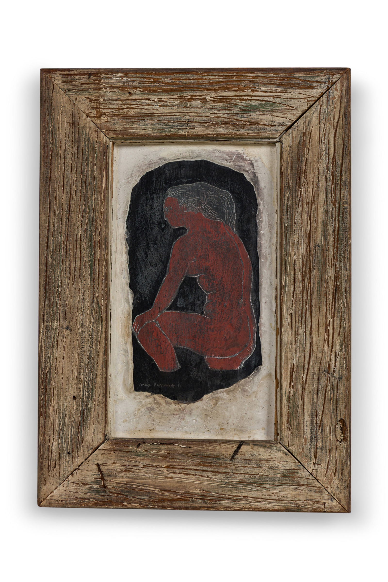 Max Papart, Mixed Media Painting, 1951: Max Papart (French, 1911-1994), Female Nude, red, black and white gouache or paint on textured panel, signed and dated, lower left, in artist frame, 11.5"h x 6.5"w (panel), 16"h x 11"w (frame) Similar