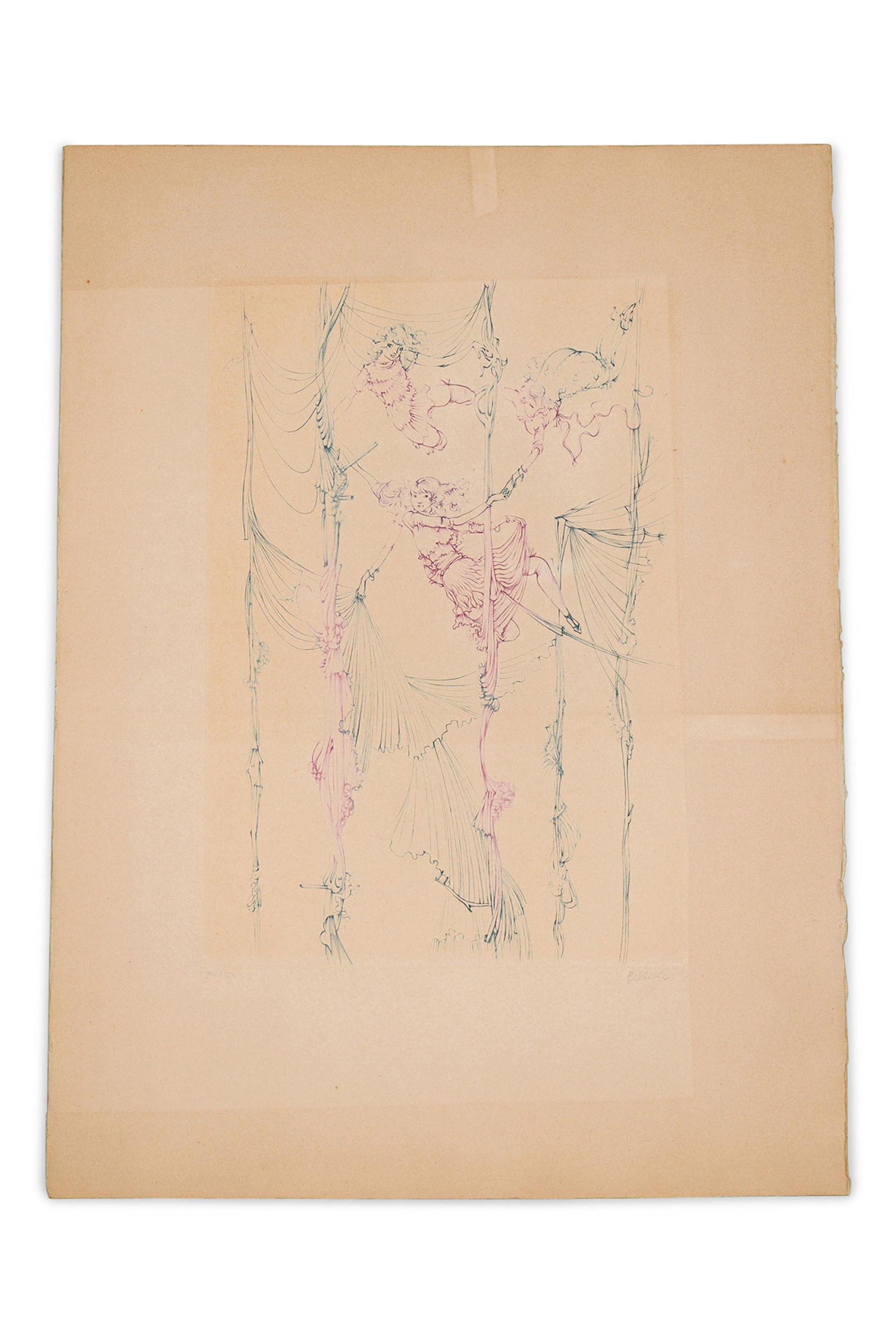 Hans Bellmer, Surrealistic Aquatint, C. 1969: Hans Bellmer (German, 1902-1975), "Fillettes dans les Cordes", color etching on wove paper, pencil signed and numbered 96/150, loose and unframed, 30"h x 22.25"w (sheet), 19.75"h x13.5"w (plate) Prove