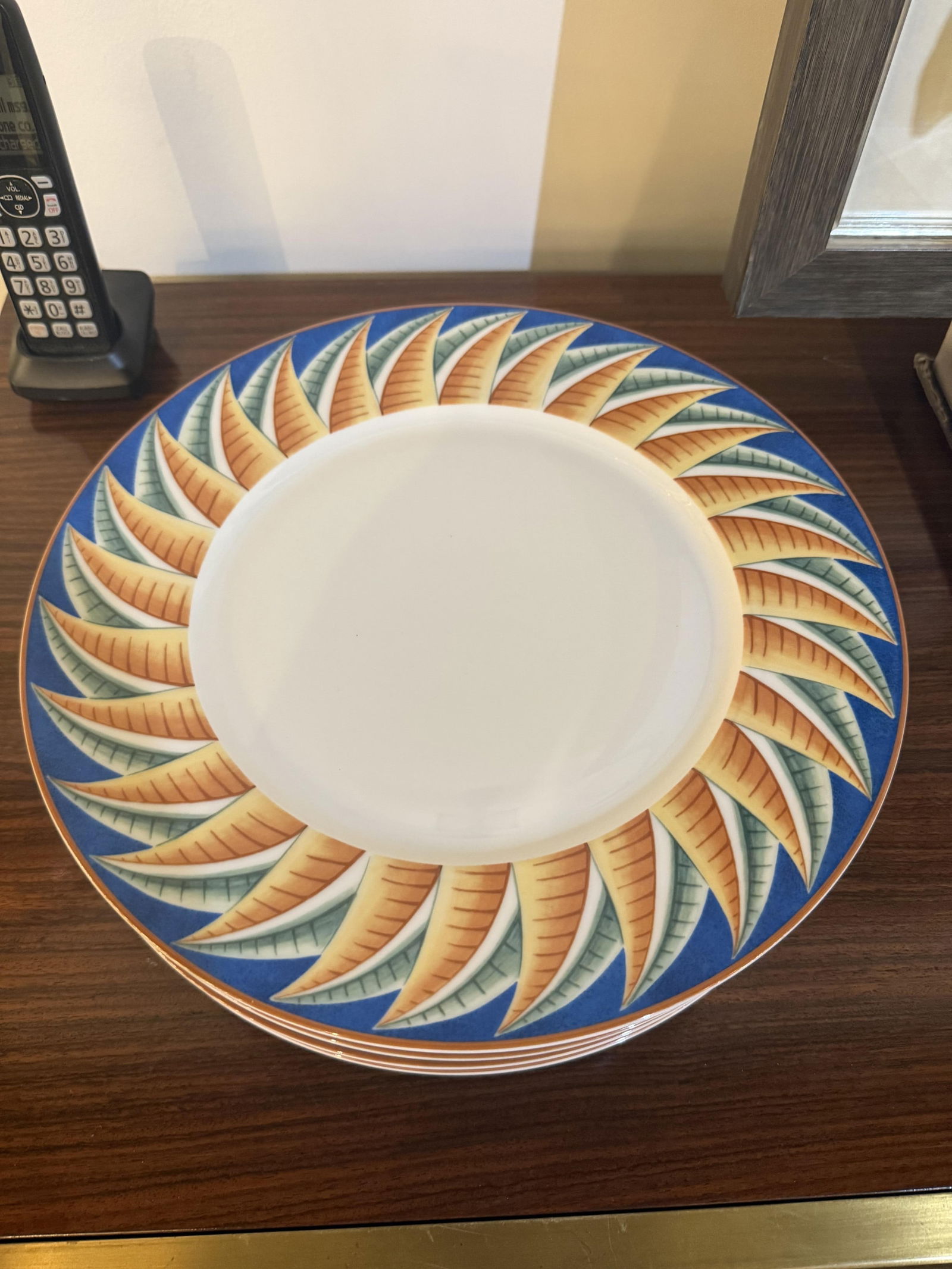 Lalique, (5) Soleil porcelain dinner plates: c.1990s, France, porcelain, decal-applied design, 1.25"h x 11.25" dia This lot is Located in our Southern Florida gallery