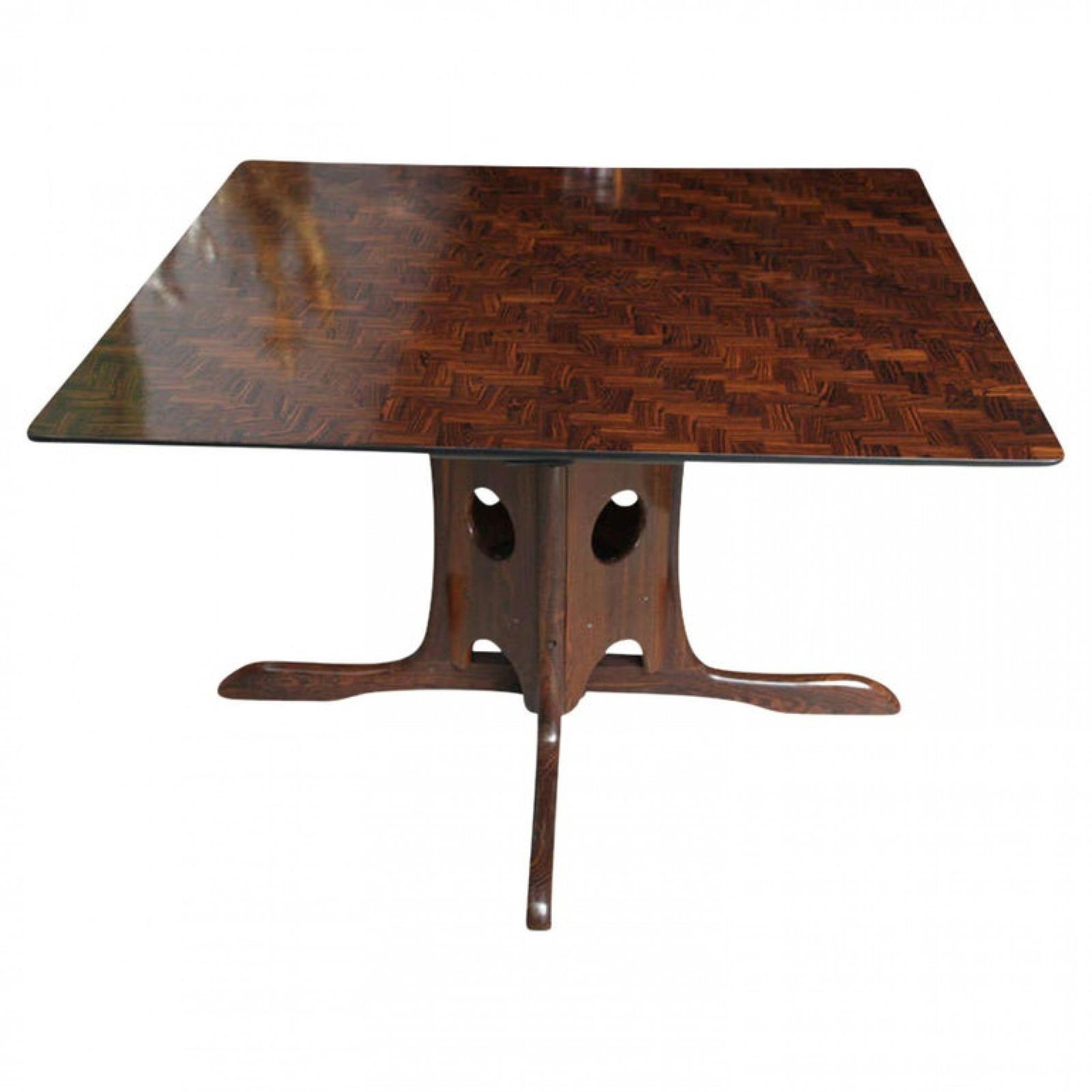 Don Shoemaker, Mexican Modern Dining Table: c. 1960s, Mexico, mixed wood, parquetry inlaid top on sculptural base, works as Dining/ Center/ Games Table, for Senal S.A., 30"h x 47"sqr This lot is Located in our Southern Florida gallery