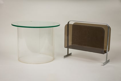 Modern Lucite Side Drum Table & Milo Baughman Magazine Rack