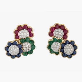 Vintage Ruby, Emerald, Sapphire and Diamond Earrings in 18K Yellow Gold