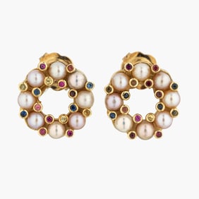 Multi color seed pearls and color stones gold earrings.