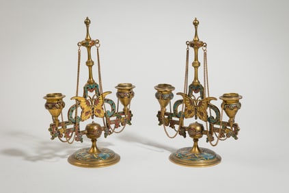 Pair FIne Barbedienne bronze champleve candelabra